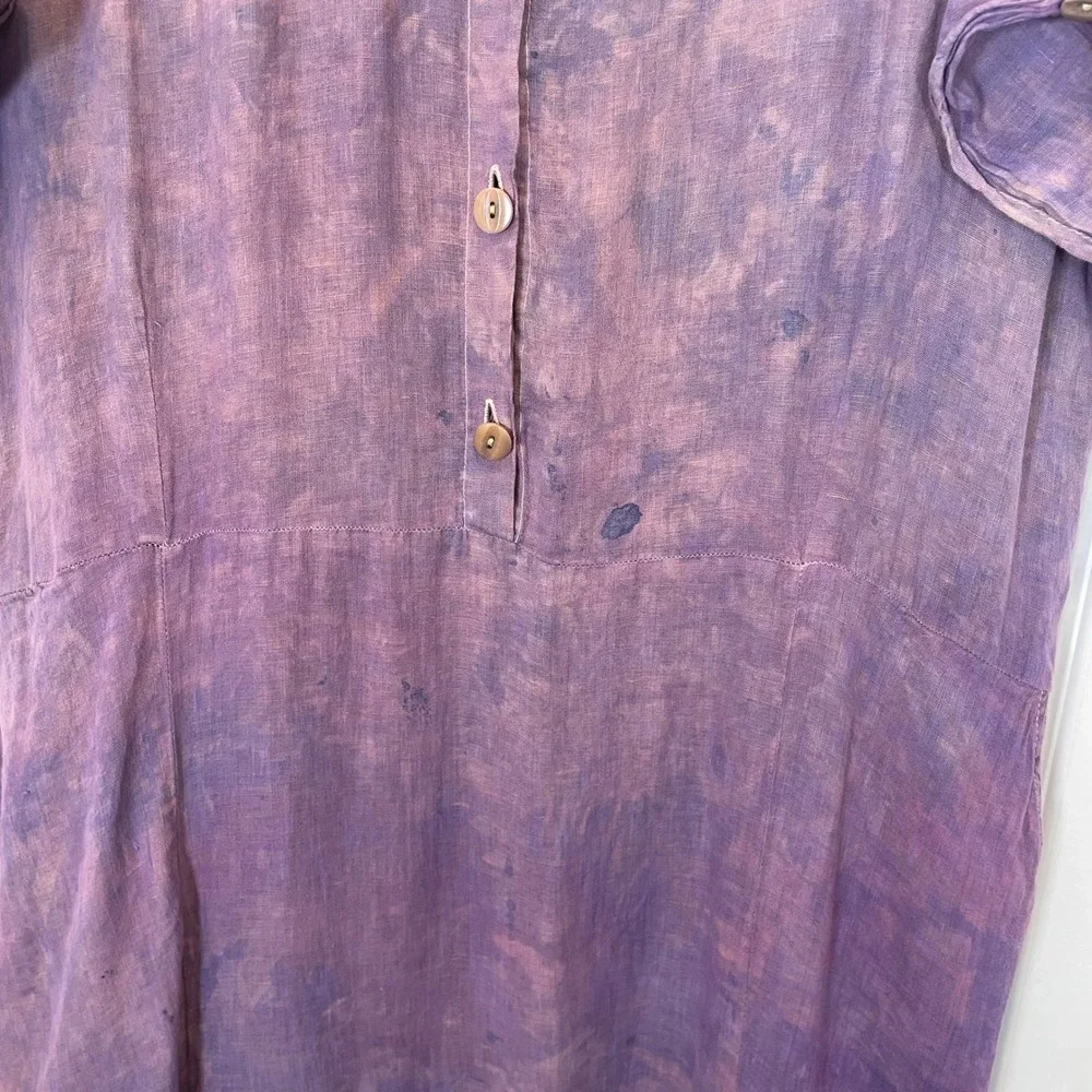 FLAX‎ Tie Dye 100% Linen Maxi Dress Purple Lagenlook Short Sleeve Shawl Collar L - Picture 3 of 5